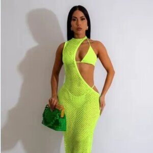 ST72 Yellow Crochet Bikini Cover Up Three-Piece Set